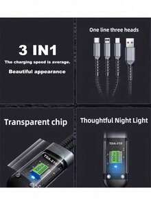 3-In-1 Charging Cable, Transparent Luminous Nylon Braided Fast Charging & Data Transfer Cable