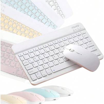 Kit Teclado  e Mouse Sem Fio Macaron Colorido  Keyboard  Bluetooth 5.2 com Suporte para Tablet iPad Laptop