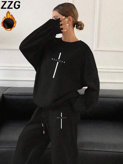 ZZG Women's Autumn And Winter Fun "Letter" Personalized Pattern Printing Street , Korean Style Retro Comfortable Basic Versatile Commuting, Suitable For Outdoor Leisure, Punk Style Regular Niche Simple Fashion New Well-Fitting Black Padded And Thickened Round Neck Sweatshirt + Straight Pants Two Pieces Set