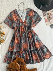Rusttydustty 女式复古印花V领短袖宽松迷你连衣裙 - 綠色 - 查看 2