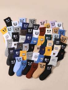 10 Pairs Kids' Random Solid Color Cute Expression Casual Mid-Calf Socks
