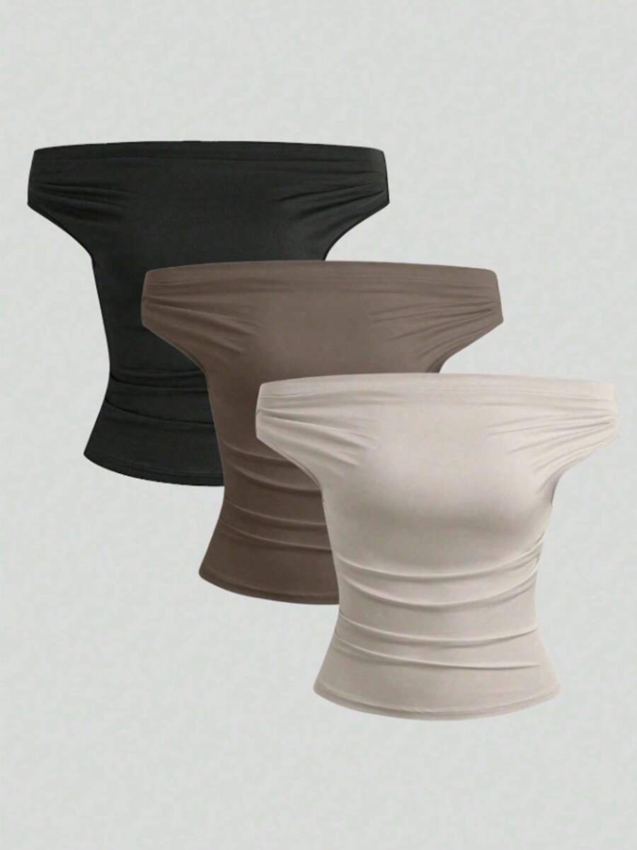 Parte superior sencilla de diseño con hombros descubiertos de unicolor, uso casual diario para mujeres - Marrón - Ver 1