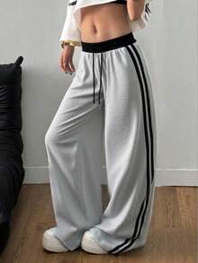 Autumn/Winter New Contrast Color Drawstring Relaxed Casual Pants, American High Waist Straight Leg Side Stripe Pocket Wide Leg Sweatpants Patchwork Slouchy Dance Sports Sweatpants - 灰色 - 查看 2