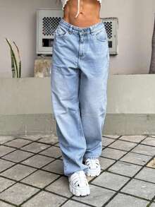 Women's Fashionable Minimalist Straight-Leg Jeans, Suitable For Daily Commute And Back-To-School Season, Autumn/Winter - Blue - View 1