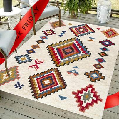 Marockansk stil stor utomhusmatta för uteplats, halkfri vattentät polyestermatta, lämplig för vardagsrum, solrum, trägolv, maskintvättbar, mjuk och bekväm, lämplig för heminredning, kan användas inomhus och utomhus.