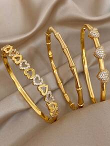 18K 镀金不锈钢或铜质奢华优雅心形和竹子手镯套装，适合女士，甜美珠宝妈妈礼物圣诞节感恩节万圣节婚礼狂欢/舞会/派对/日常配饰周年纪念情人节波西米亚珠宝生日伴娘礼物 - 彩色 - 查看 1