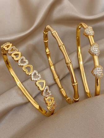 Juego de pulseras de acero inoxidable o cobre chapado en oro de 18K con diseño de corazón y bambú, elegante y lujoso, joyería dulce como regalo para mamá en Navidad, Acción de Gracias, Halloween, boda, fiesta, uso diario, aniversario, San Valentín, cumpleaños, dama de honor