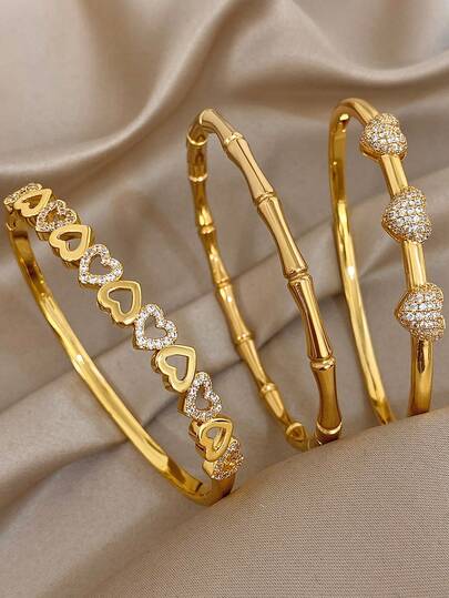 18K 镀金不锈钢或铜质奢华优雅心形和竹子手镯套装，适合女士，甜美珠宝妈妈礼物圣诞节感恩节万圣节婚礼狂欢/舞会/派对/日常配饰周年纪念情人节波西米亚珠宝生日伴娘礼物