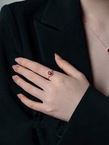 BALMORA 1 chiếc nhẫn bạc nguyên chất mạ vàng 18K đính đá Ruby Zirconia cổ điển S925, món quà thanh lịch và tinh tế dành cho cô ấy - Hoa hồng vàng - Xem 4