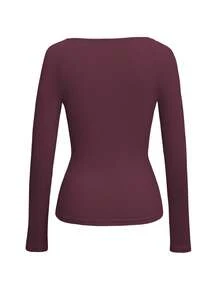 Sunny Girl Style Spring Girlfriend's Day Women's Long Sleeve Square Neck Top, Lace Trim Collar, Sweet Casual Minimalist Campus Style - Purple - View 5