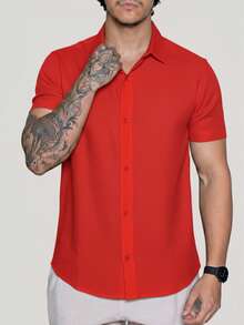 Linen Shirt Short Sleeve Formal Summer Fresh Italian Collar Elegant In Visco-Linen - Red - View 1