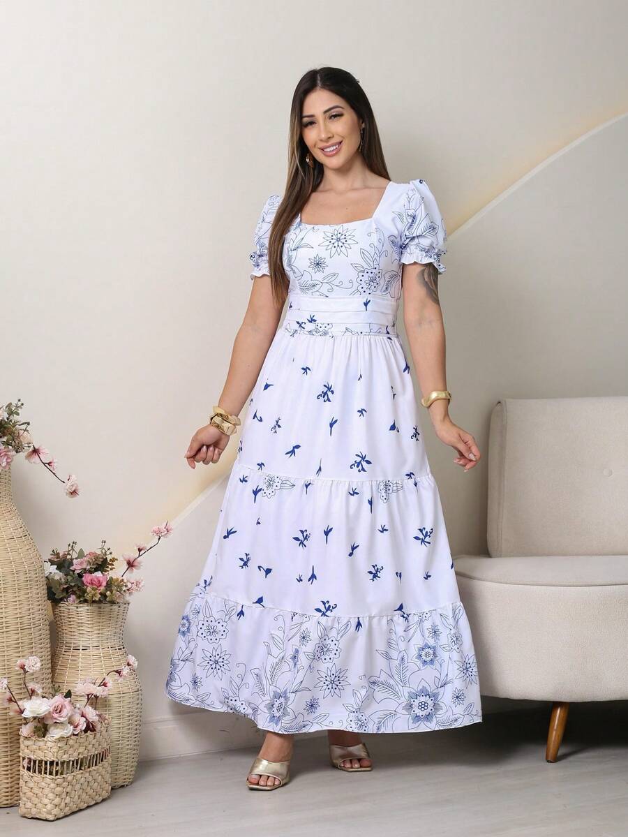 Elegant Long Women's Dress With Print And Short Sleeves - Blue and White - View 1