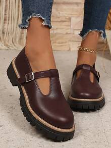 1 Pair New Girl/Teen Mary Jane Flats, Outdoor Wear Buckle Design, Lightweight, Soft Non-Slip Sole, Versatile Leather Loafers