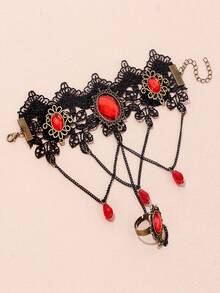 Bộ 4 vòng cổ choker và khuyên tai dạng thả phong cách Gothic cổ điển, đính ren đen và đá đỏ, phụ kiện thời trang hóa trang Halloween cho nữ - Nhiều màu - Xem 3