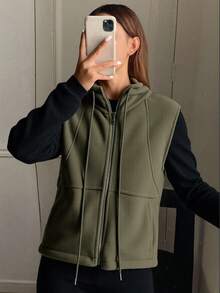 Livesso Women's Solid Color Zip-Up Funnel Neck Sleeveless Jacket, Autumn/Winter,Fleece Lined - Green - View 2