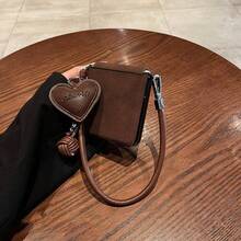 Luxury Minimalist Brown Lunar Crater Pattern Phone Case, With Leather Heart-Shaped Pendant Lanyard, Compatible With Samsung Galaxy Z Flip 5/6/Z Flip 6/Z, Shock-Resistant Back Cover - Brown - View 10