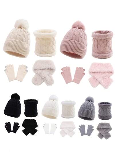 一套纯色休闲腈纶针织帽、手套、围巾组合，柔软保暖内衬，适合多种场合，秋冬保暖配饰套装，多种颜色可选，冬季保暖头部配饰