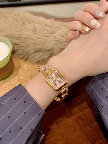 1pc Women's Shiny Quartz Watch, Square Shaped, Fashion Casual Versatile, Suitable For Daily Wear, Available In Pink/Gold/Black - Pink - View 4