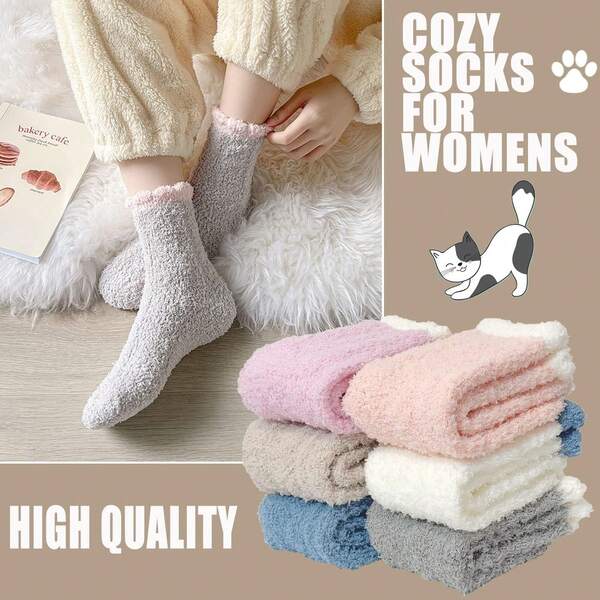 6 paires de chaussettes épaisses pour femmes, chaussettes mi-mollet de couleur unie, douces et chaudes, avec grip antidérapant, pour l'automne et l'hiver