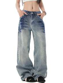 Womens Rivet Wide Leg Jeans Low Rise Baggy Jeans Straight Denim Pants Fall - 復古藍 - 查看 6