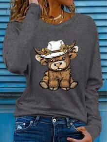 2025 Women's Casual Long Sleeve-Shirt With Cute Highland Cow And Flower Hat Design, Elastic Polyester Blend, Round Neck, Washable - Spring And Summer Casual Daily Wear - 黑色 - 查看 7