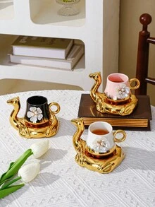 1 套镀金天鹅陶瓷咖啡杯和碟，家庭厨房餐厅客厅，用于茶、咖啡、牛奶、果汁，适合户外、婚礼、派对、礼物、生日、圣诞节 - 白色 - 查看 2