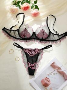 2PCS Women's Black And Pink Colorblocked Lace Floral Sexy Underwear Set, Semi-Transparent Flirty Ruffles, Cozy Home Comfort Style Lingerie Set, Perfect For Christmas Gifts