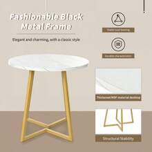 Round Dining Table (1 Piece), Kitchen Table, Unique Metal Frame, Modern Marble Pattern Dining Table, Suitable For Dining Room, Living Room, White/Gold - Vàng - Xem 7