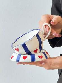 一套条纹爱心陶瓷咖啡杯碟，优雅简约陶瓷杯碟，适合聚会、下午茶、办公等场合，陶瓷杯，礼品 - 彩色 - 查看 5