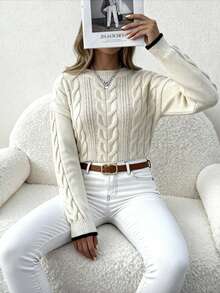 Women's Casual Chunky Knit Contrast Trim Pullover Sweater, Round Neck, Drop Shoulder, Long Sleeve, Regular Length, High Elasticity, Suitable For Daily Wear - Beige - View 9