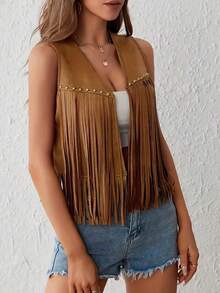 女士Y2K风格流苏上衣 - 流苏细节，V领，无袖，棕色，休闲时尚，适合所有季节，多功能时尚 | 流苏装饰 | 流苏背心