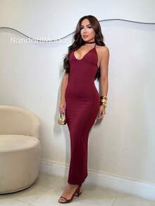 LONG WOMEN'S DRESS WITH TIES AND NECKLINE - Màu Tím - Xem 1