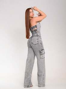 Women's Wide Leg Cargo Cropped Strapless Jeans Set | Premium Cotton - 大理石紋 - 查看 2