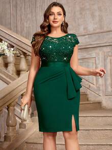 Plus Sequin Lace Bodice Ruffle Split Thigh Wrap Hem Cocktail Party Bodycon Dress, Valentine's Day Dress, Summer Dress, Evening Party Dress, Graduation Dress, For Birthday, Wedding Guest, Homecoming - Dark Green - View 2
