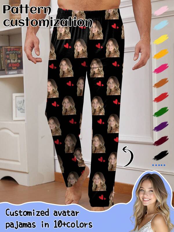 Customized Men's Pajama Pants With Unique And Interesting Designs Such As Portrait Photos, Couple Faces, Pets, Cartoons, And Holiday Themes, Winter