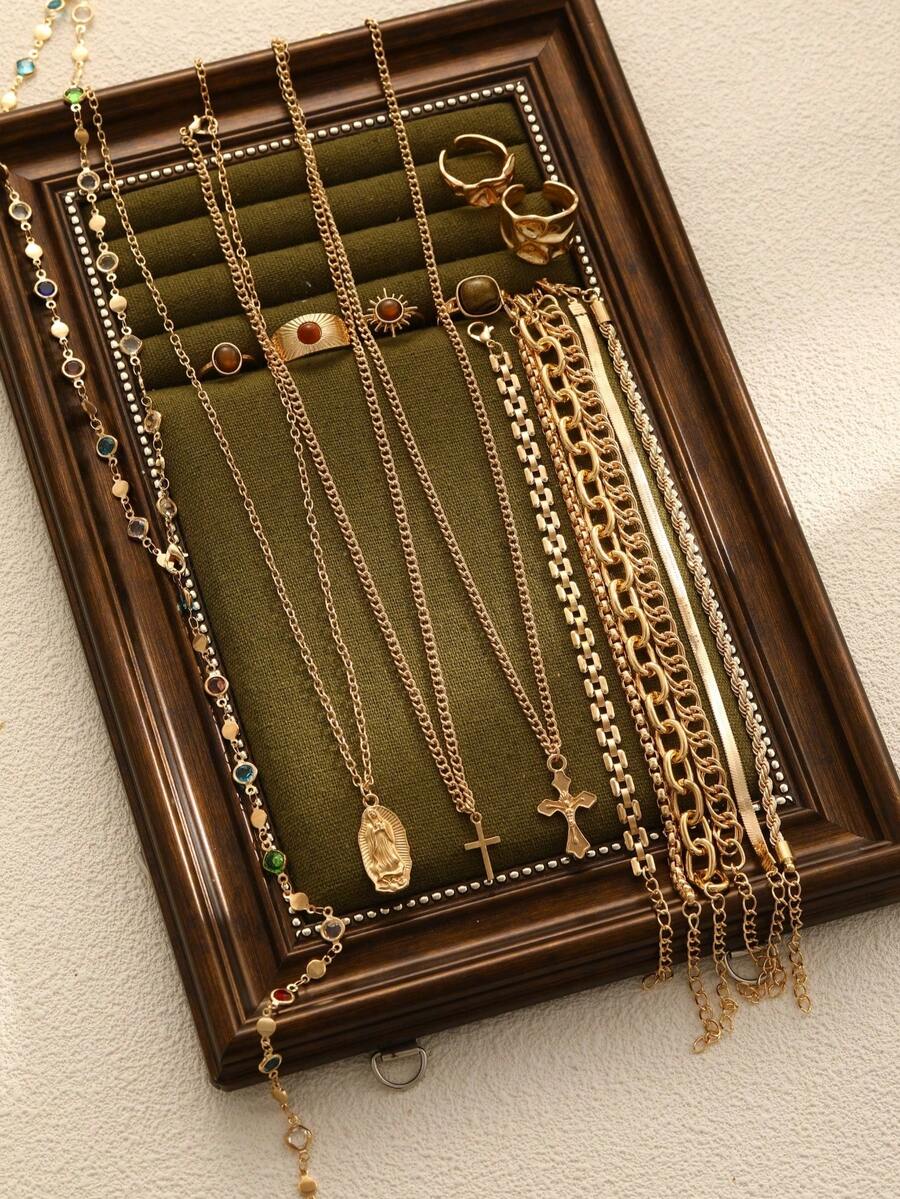 17KM Colar Y multicamadas com pingente de cristal em cruz, simples e moderno, 16 peças, conjunto de anéis empilháveis âmbar, cor outono/inverno, conjunto de pulseiras de corrente grossa exagerada, conjunto de joias femininas, adequado para feriados, encontros, uso diário, festas, casamentos, Natal, presente de Ação de Graças