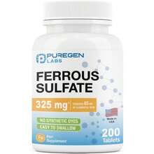Puregen Labs Ferrous Sulfate 325 Mg (65 Mg Elemental Iron) High Potency Iron Supplement | No Artificial Color Additives - 200 Tablets Made In USA - Flavor NameA - View 1