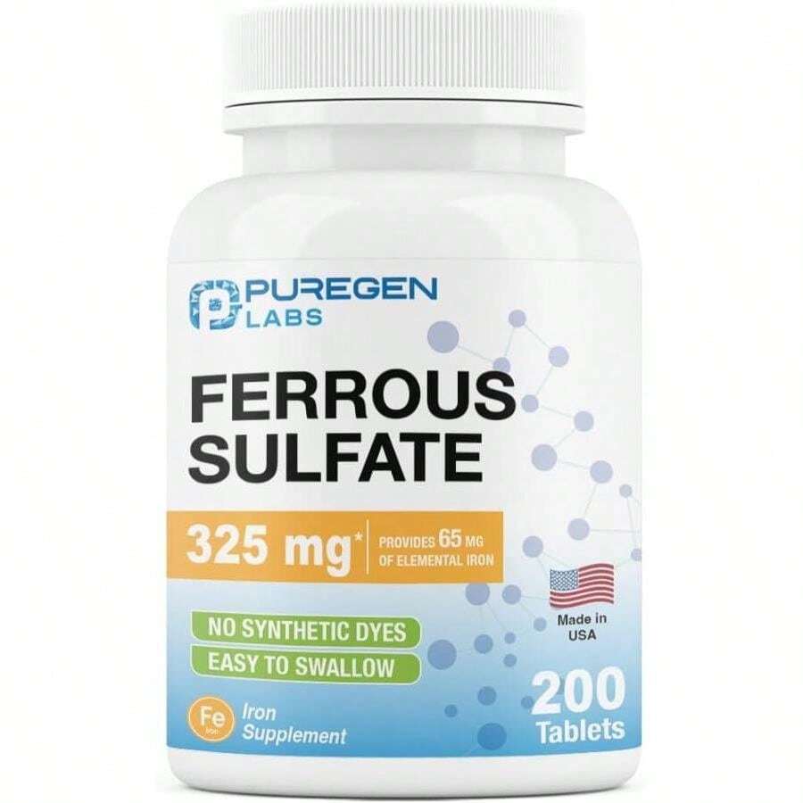 Puregen Labs Ferrous Sulfate 325 Mg (65 Mg Elemental Iron) High Potency Iron Supplement | No Artificial Color Additives - 200 Tablets Made In USA - Flavor NameA - View 1