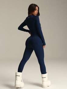 PinkTip 1 Stück Damen Mode Langarm Jumpsuit, Thermofutter, Reißverschluss, elastischer Bund, Slim Fit, bequemer Komplett-Outfit, geeignet für Herbst/Winter