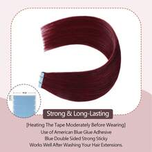 Tape In Hair Extensions Human Hair Invisible Tape In Extensions Real Hair Wine Red Extensions Glue In Human Hair Seamless Burgundy Extensions For Wedding Straight #99J - S99J - Xem 5