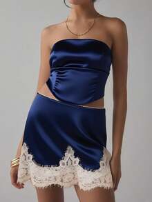 Women's Lace-Trimmed Satin Mini Skirt, Elegant Solid Color A-Line Short Skirt, Party Club Skirt, Evening Wear, Daily Street Wear, Date Vacation Wear - 藍色 - 查看 1