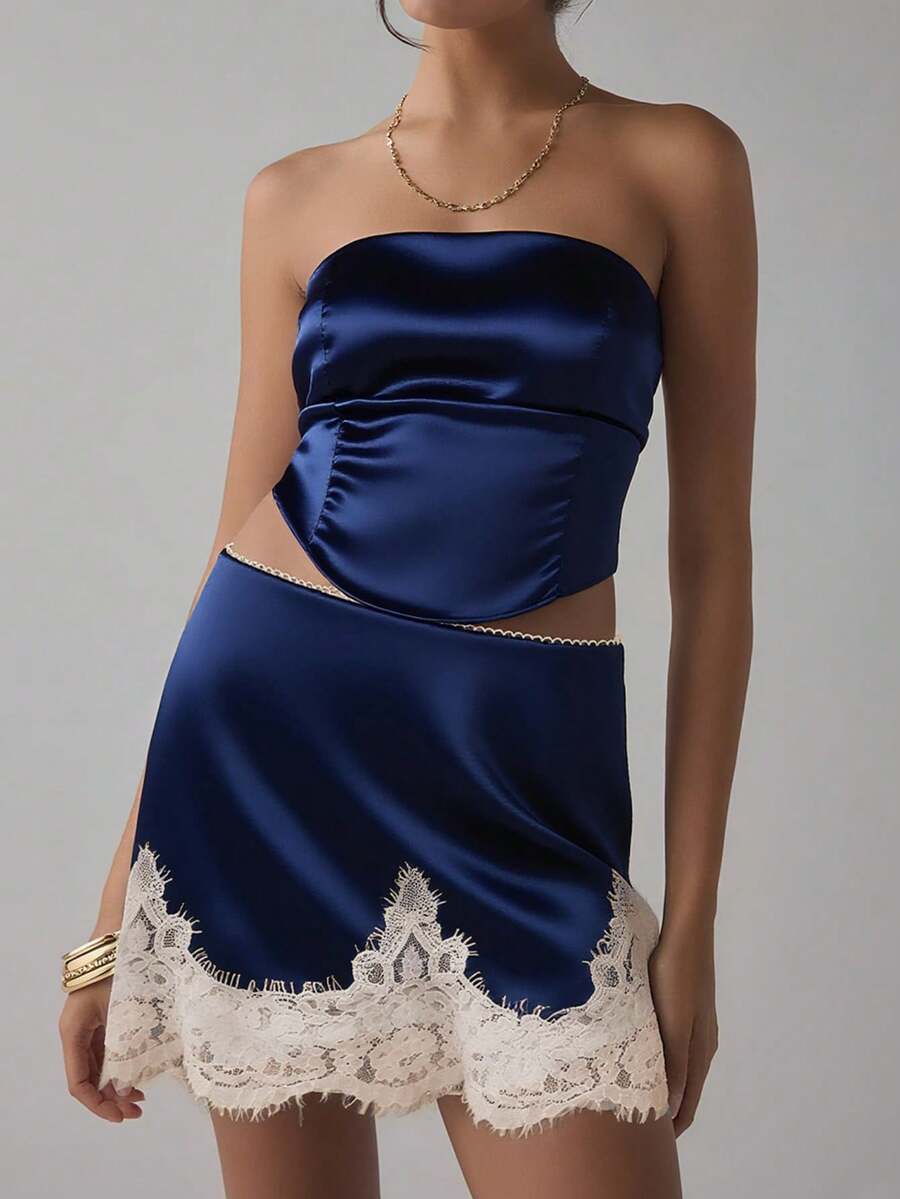 Women's Lace-Trimmed Satin Mini Skirt, Elegant Solid Color A-Line Short Skirt, Party Club Skirt, Evening Wear, Daily Street Wear, Date Vacation Wear - 藍色 - 查看 1