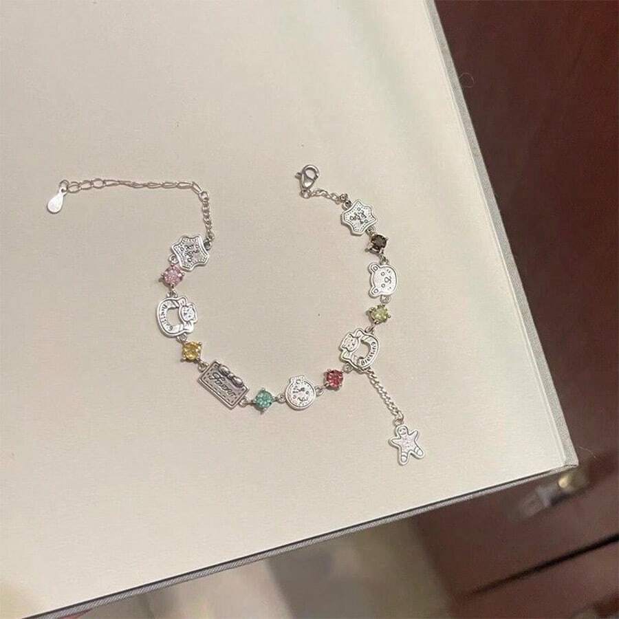 Brazalete con oso y hombre de jengibre de diamantes de colores, brazalete de Navidad de otoño e invierno, joyería de mano de alto valor y estilo de moda - Plateado - Ver 1