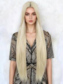 女士假发非常适合日常派对和外出，无胶假发 40 英寸/100 厘米 42 英寸/110 厘米金色中分超长直发假发，无蕾丝假发，超长时尚百搭假发，合成耐热纤维假发，学校万圣节感恩节圣诞节服装配饰动漫角色扮演假发（金色、橙色、黑色、棕色） - 金色 - 查看 2