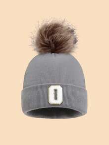 1pc Unisex 26 Letter Decor Faux Fur Pom Pom Knit Beanie Hat, Versatile Warm Windproof Casual Cap, Suitable For Autumn/Winter Outdoor Wear, Great Gift Men Women Clothing Winter