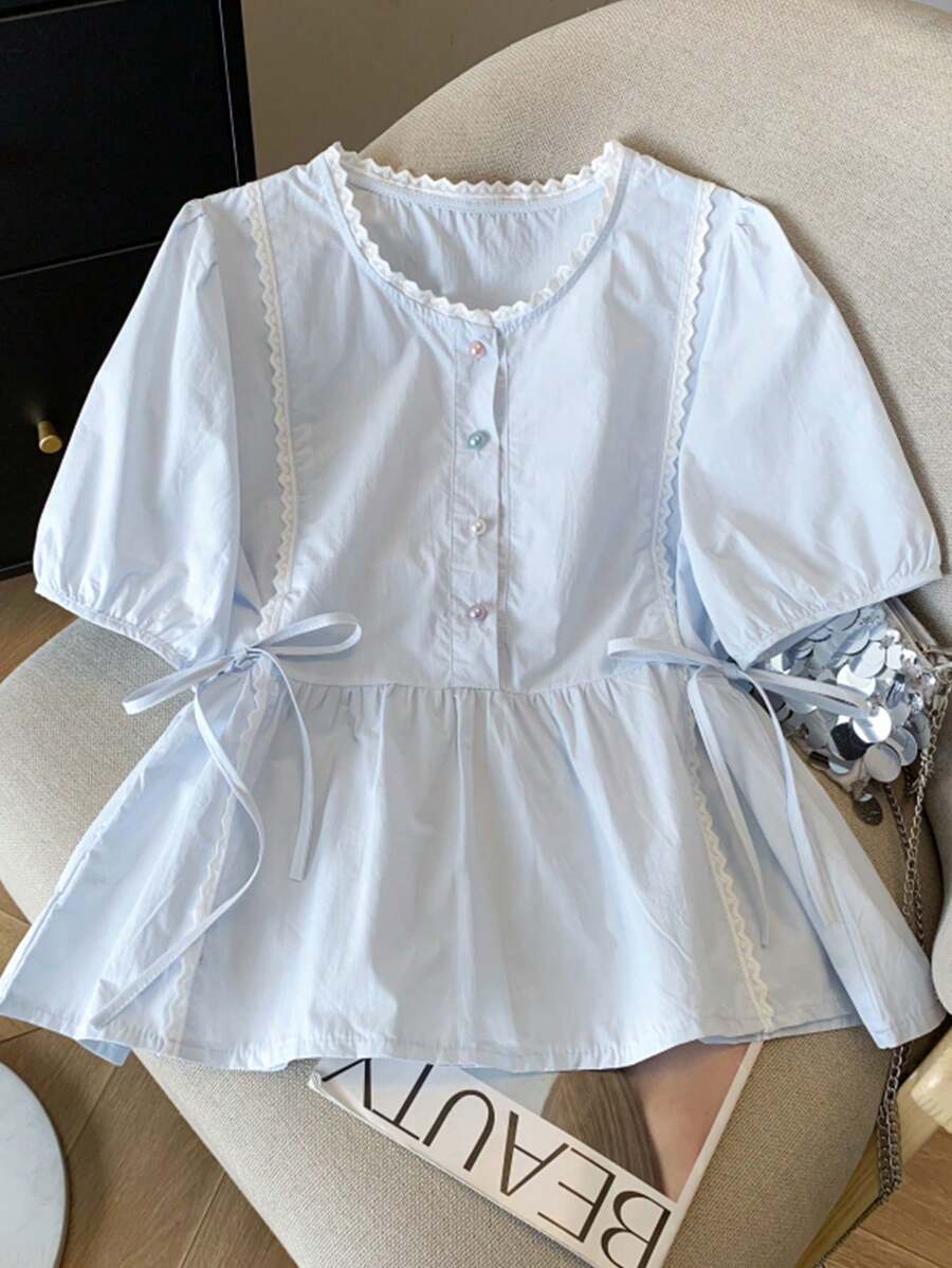 女士蕾丝拼接系带衬衫，简约纯色夏季款 - 藍色 - 查看 1