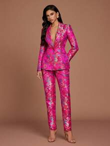 Bộ đồ vest tay dài in họa tiết trơn màu thời trang thường ngày và quần dài cho nữ - Màu đỏ tím - Xem 3