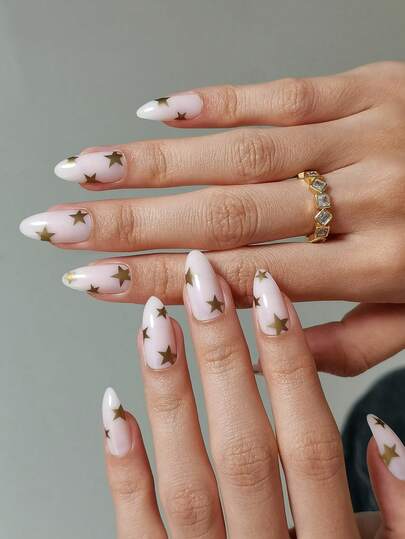 24-Piece Y2K Long Almond-Shaped Press-On Nails, Silver Star Nail Art Set, Comes With Jelly Glue And Nail File, Suitable For Girls And Women, Perfect For Parties, Dates, And Holiday Wear.