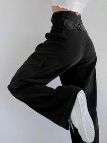 Women's Y2K Baggy Corduroy Pants, High Waisted Vintage Wide Leg Loose Fit Casual Streetwear - màu đen - Xem 2