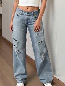 Women Ripped Jeans, Button Zipper Closure Solid Loose Denim Trousers For Casual Daily - Blue - View 2
